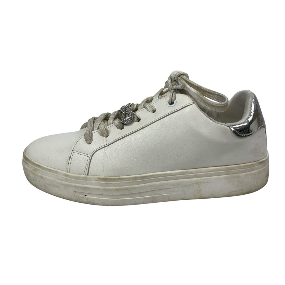 Aldo Women's White Leather Crystal Bow Lace Up Low Top Sneakers Shoes Size 8